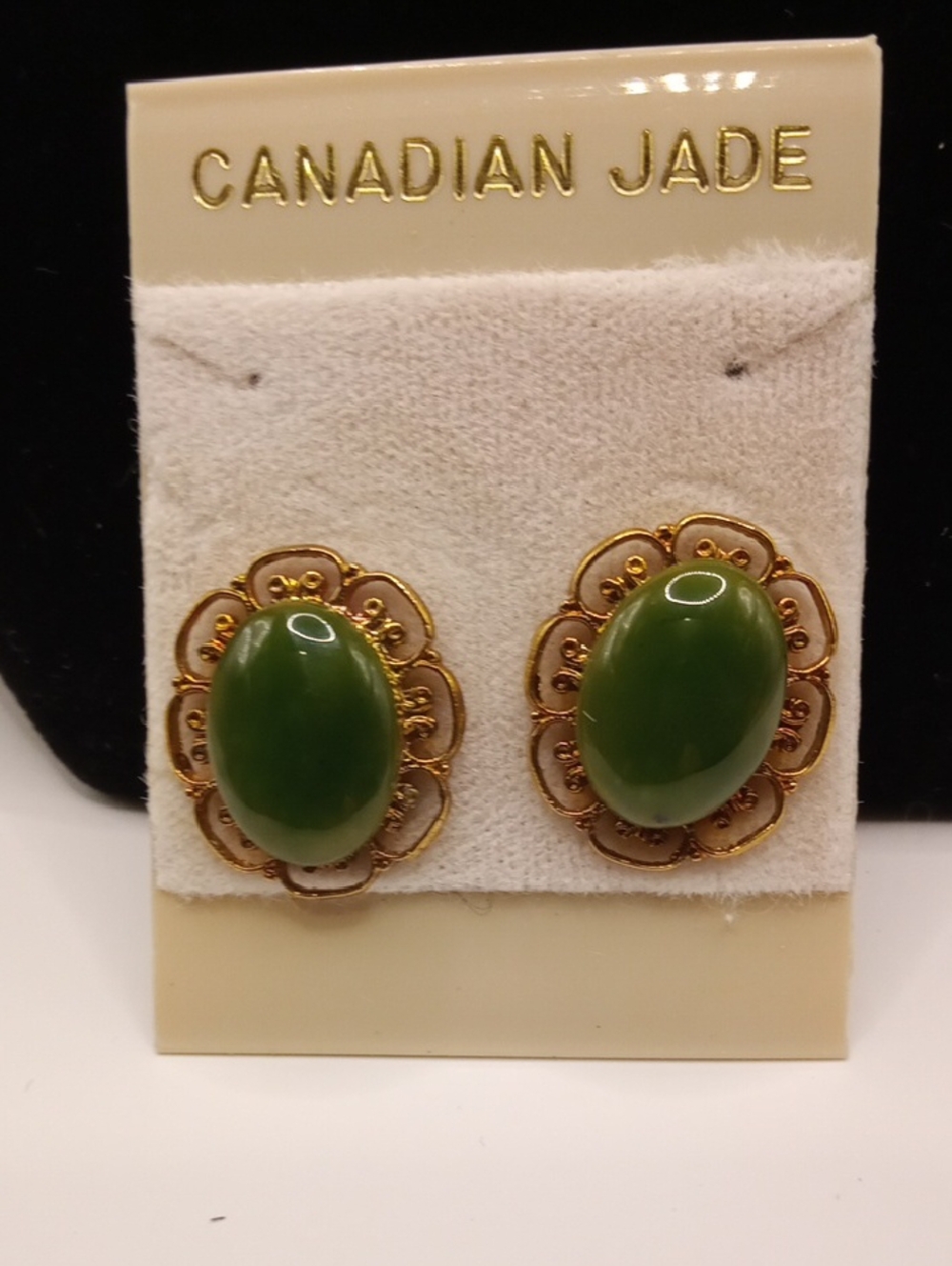 Canadian Jade Green Oval Stone Filigree Earrings with Gold-Tone Accents